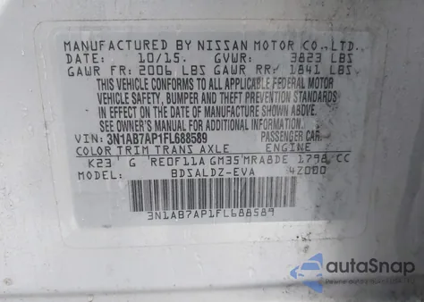 2015 Nissan Sentra Sv z USA, uszkodzony, nr VIN 3N1AB7AP1FL688589